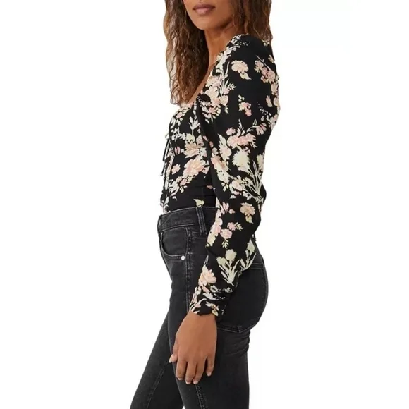 Free People Hilary Black Floral Print Top - Picture 3 of 14
